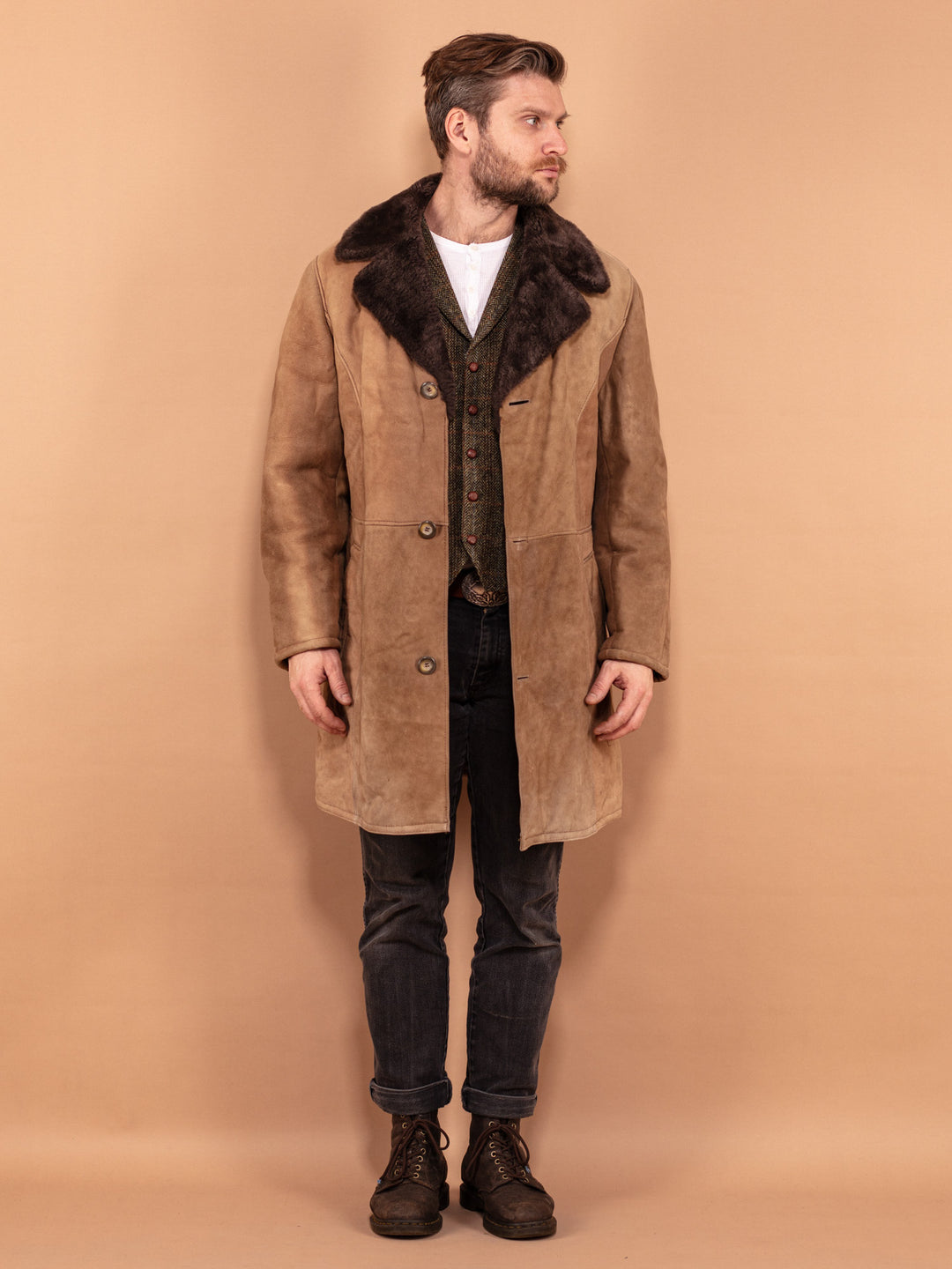 Vintage 70's Men Sheepskin Suede Coat in Brown - NorthernGrip