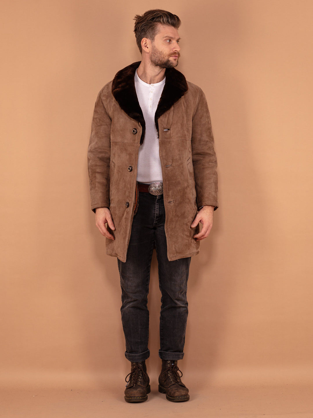 Vintage 70's Men Sheepskin Suede Coat in Brown - NorthernGrip