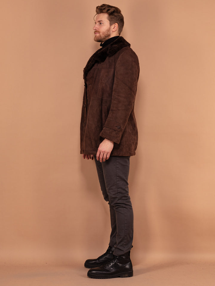 Vintage 70's Men Sheepskin Suede Coat in Dark Brown - NorthernGrip