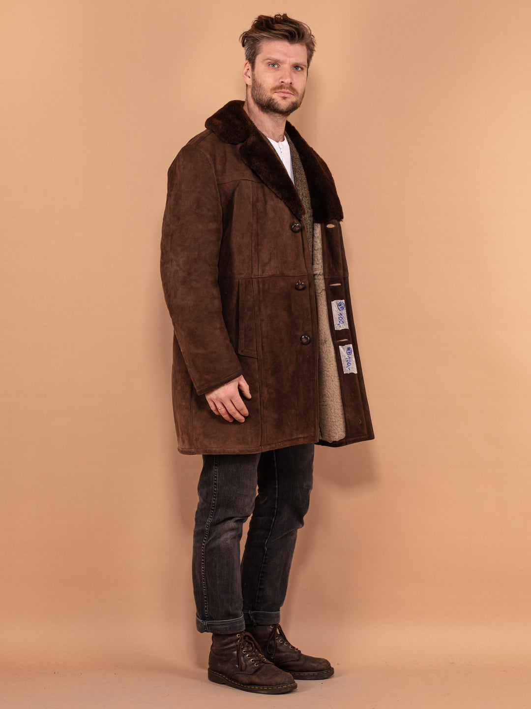 Vintage 70's Men Sheepskin Suede Coat in Brown - NorthernGrip