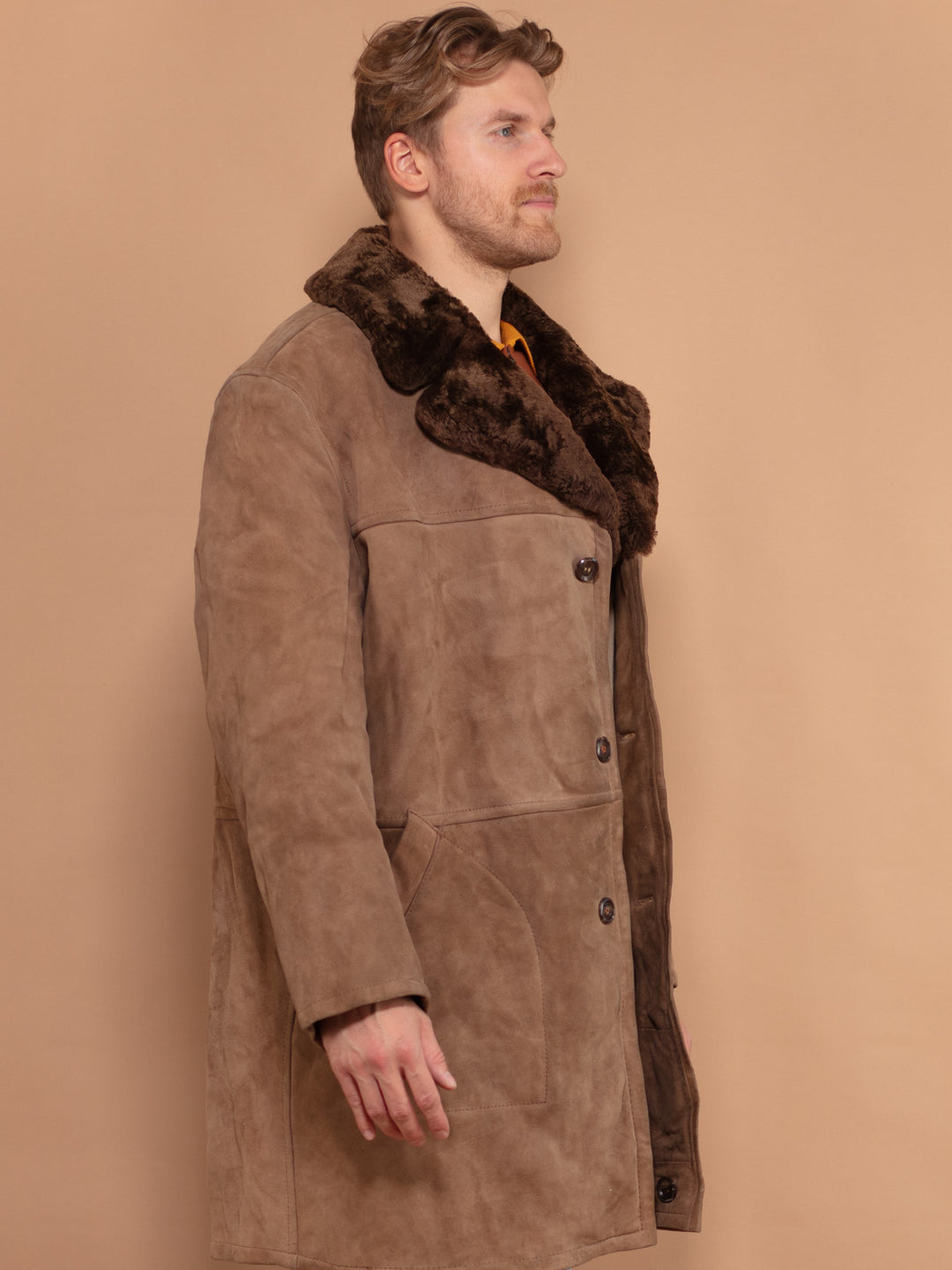 Vintage 70's Men Shearling Suede Coat in Brown - NorthernGrip