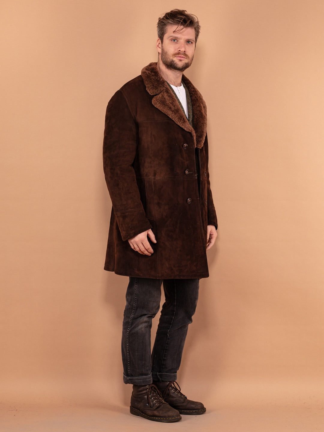 Vintage 70's Men Sheepskin Suede Coat in Brown - NorthernGrip