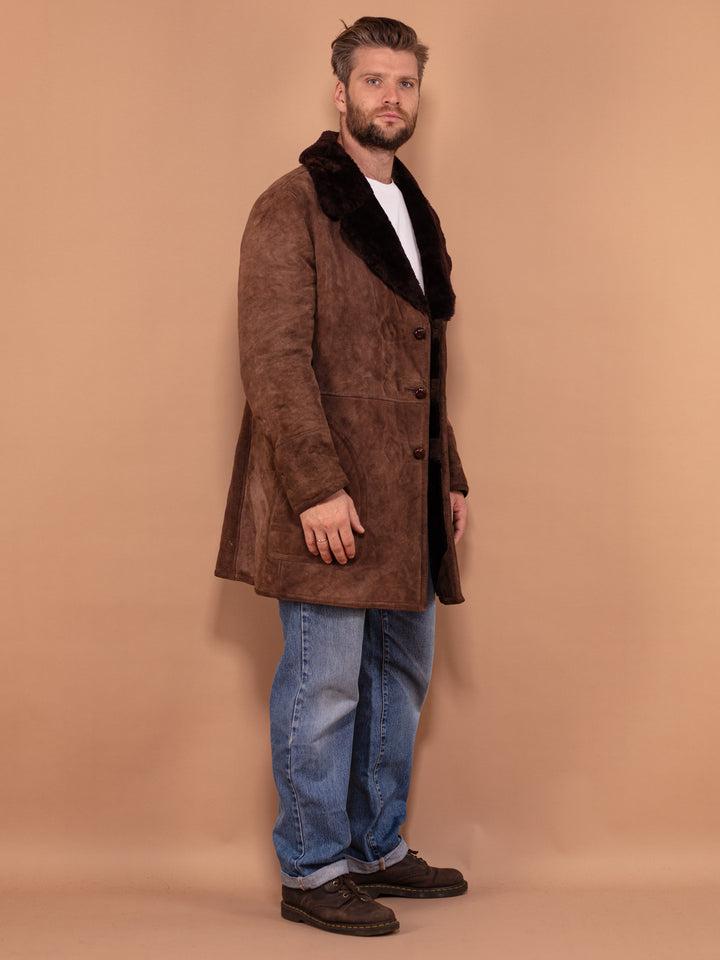 Vintage 70's Men Shearling Suede Coat in Brown - NorthernGrip