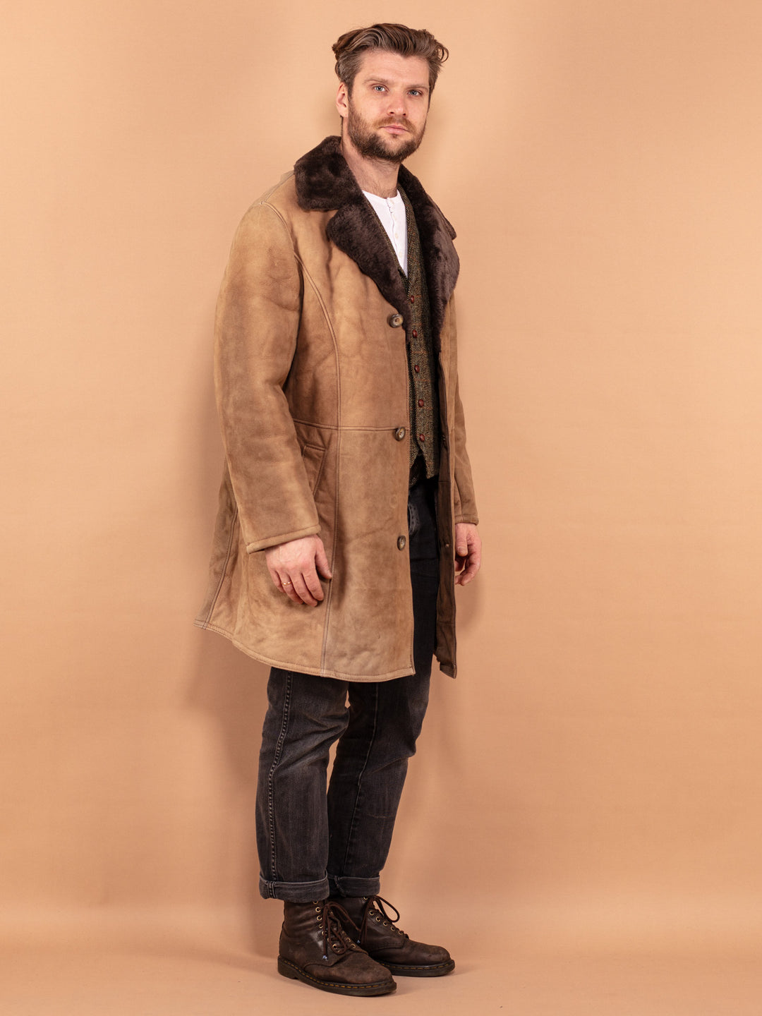 Vintage 70's Men Sheepskin Suede Coat in Brown - NorthernGrip