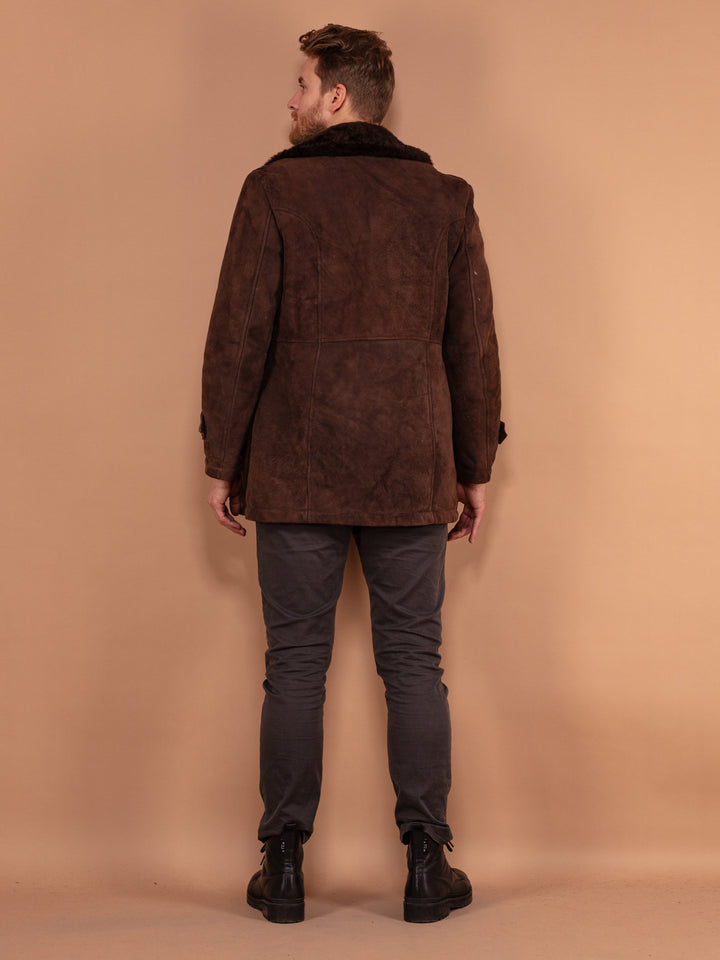 Vintage 70's Men Sheepskin Suede Coat in Dark Brown - NorthernGrip