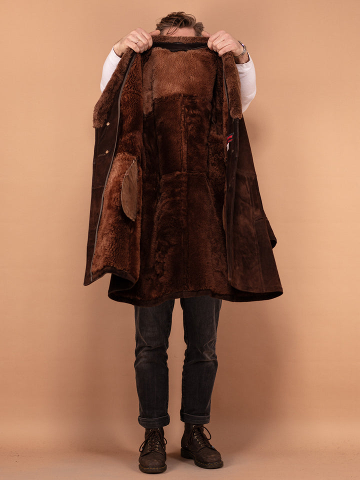 Vintage 70's Men Sheepskin Suede Coat in Brown - NorthernGrip