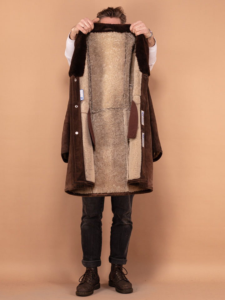 Vintage 70's Men Sheepskin Suede Coat in Brown - NorthernGrip