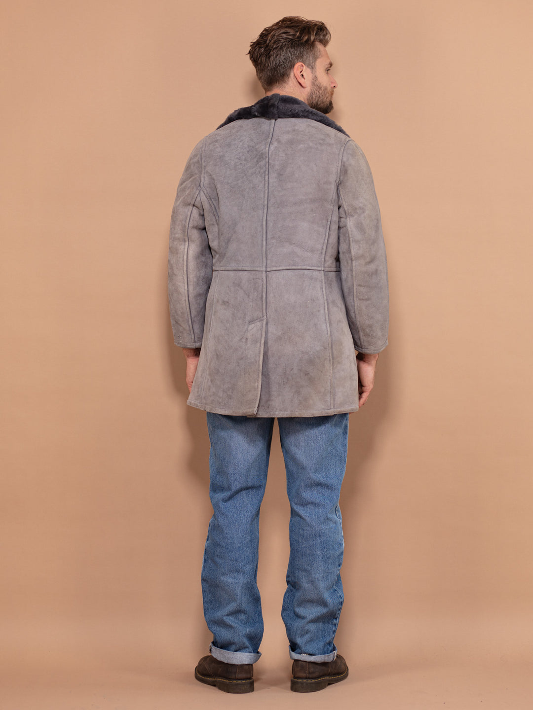 Vintage 70's Men Sheepskin Suede Coat in Grey - NorthernGrip