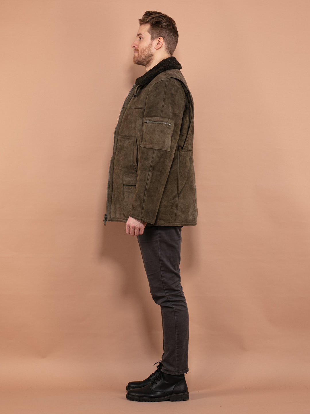 Vintage 70's Men Sheepskin Suede Jacket in Green - NorthernGrip