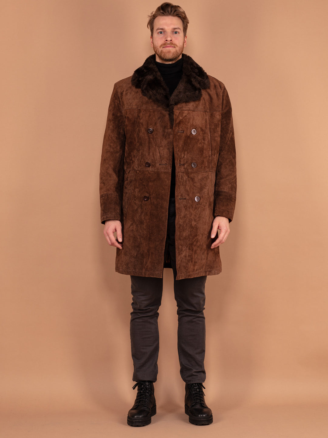 Vintage 70's Men Sherpa Lined Suede Coat in Brown - NorthernGrip