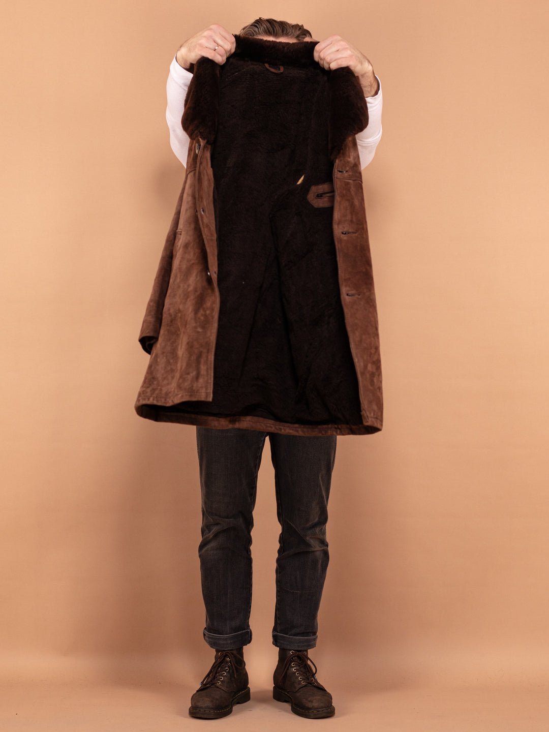 Vintage 70's Men Sherpa Lined Suede Coat in Brown - NorthernGrip