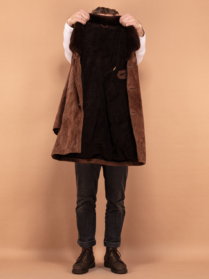 Vintage 70's Men Sherpa Lined Suede Coat in Brown - NorthernGrip