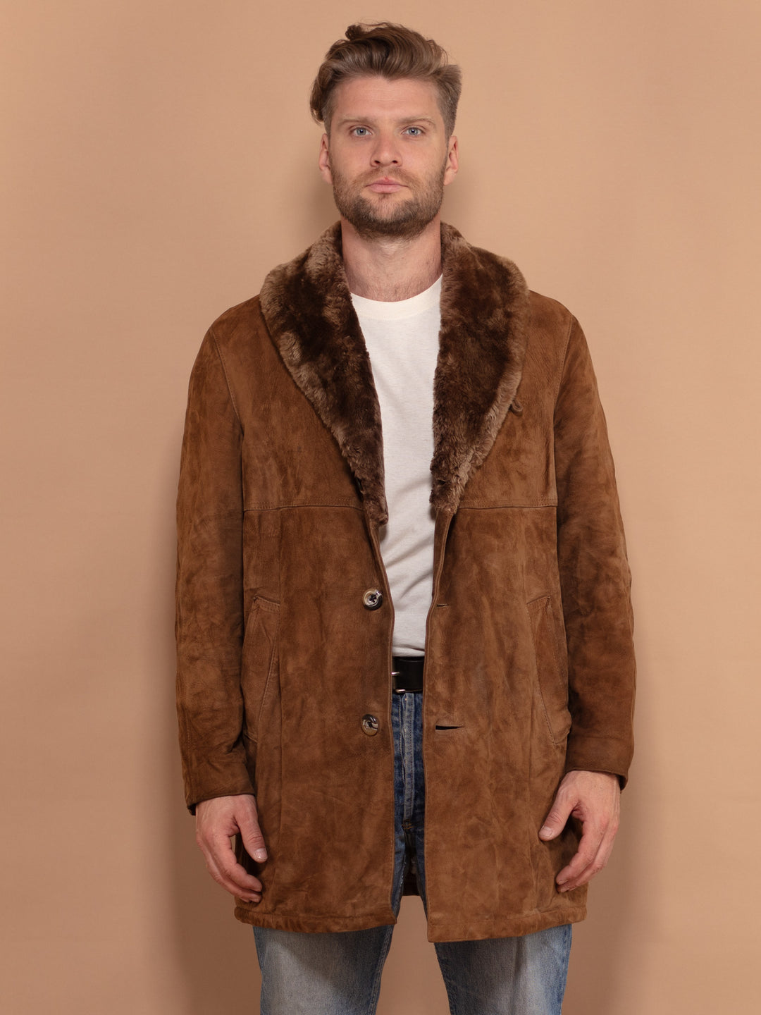 Vintage 70's Men Suede Sherpa Lined Coat in Brown - NorthernGrip