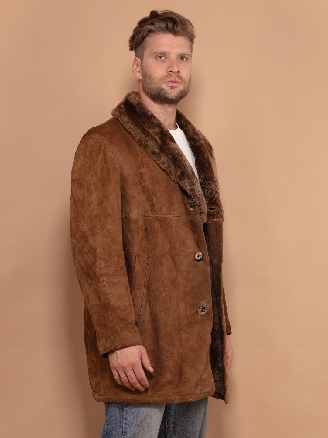 Vintage 70's Men Suede Sherpa Lined Coat in Brown - NorthernGrip