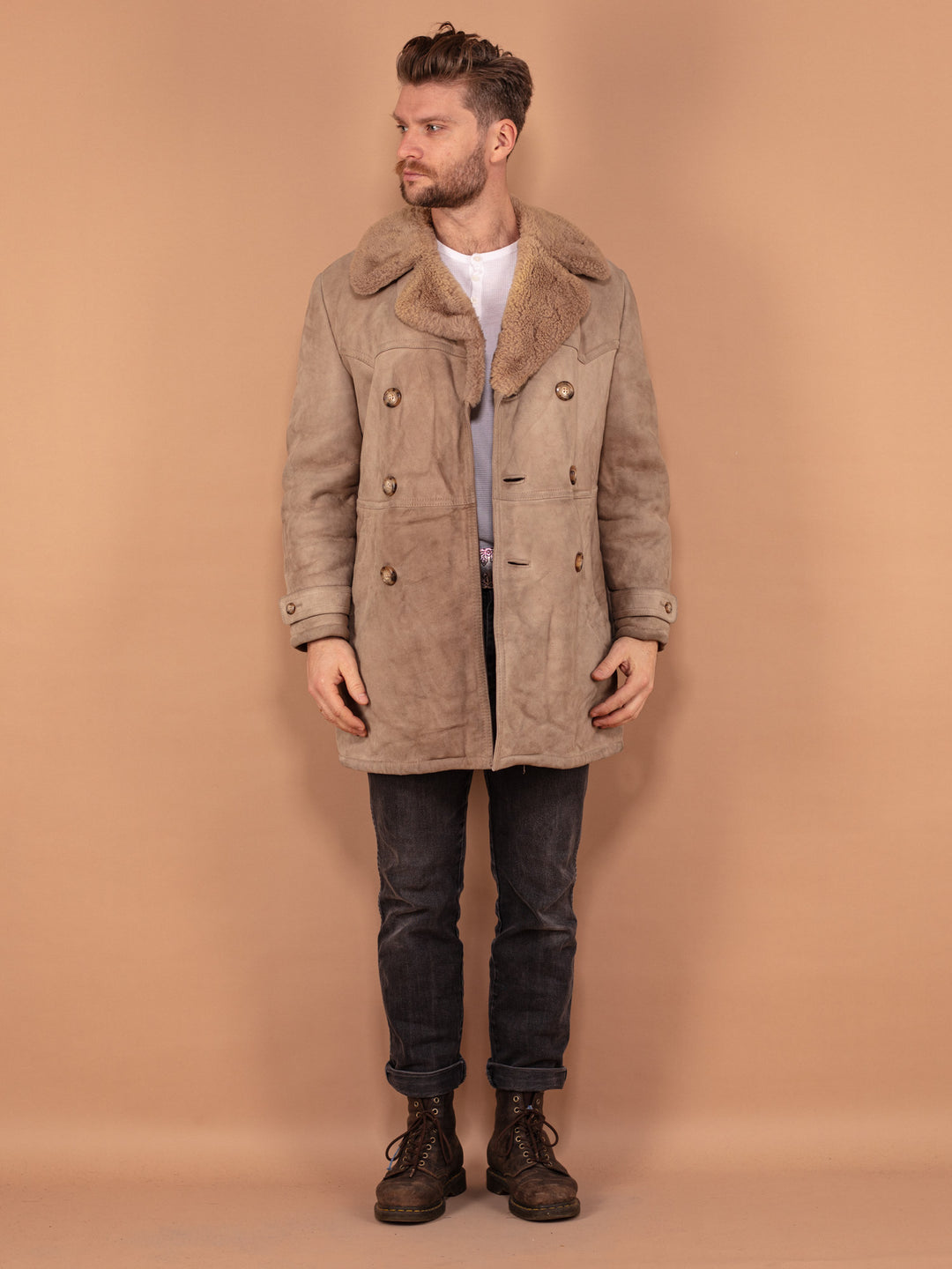 Vintage 70's Men Western Sheepskin Coat in Beige - NorthernGrip