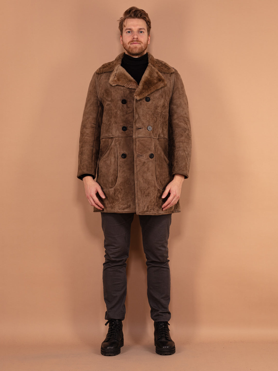 Vintage 70's Men Western Sheepskin Suede Coat in Brown - NorthernGrip