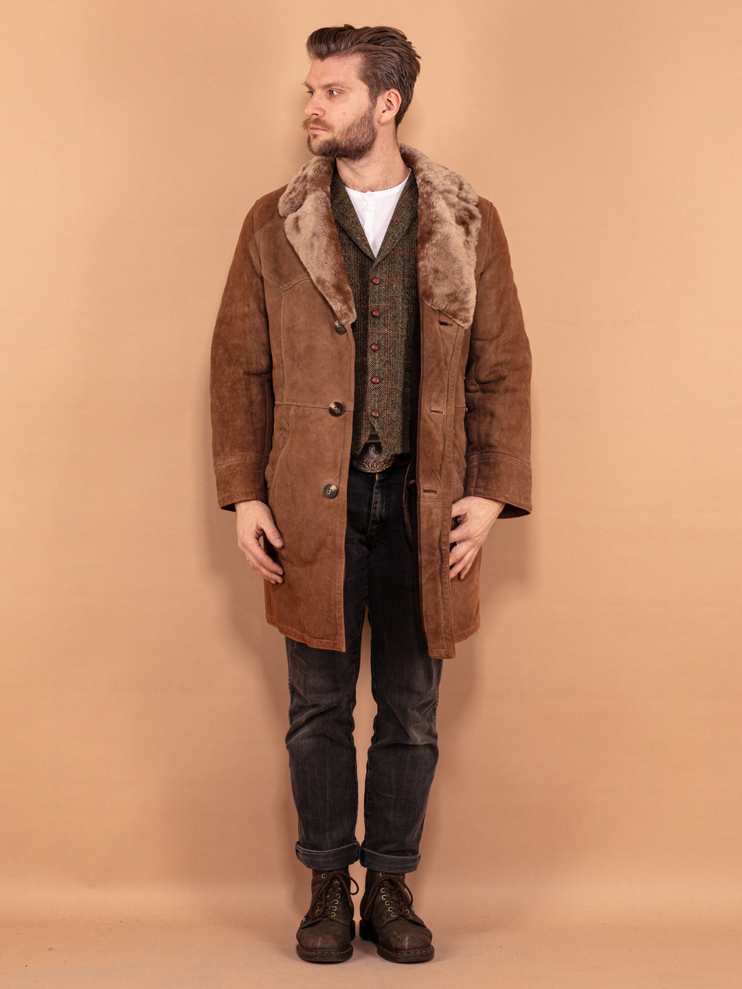 Vintage 70's Men Western Sheepskin Coat in Brown - NorthernGrip