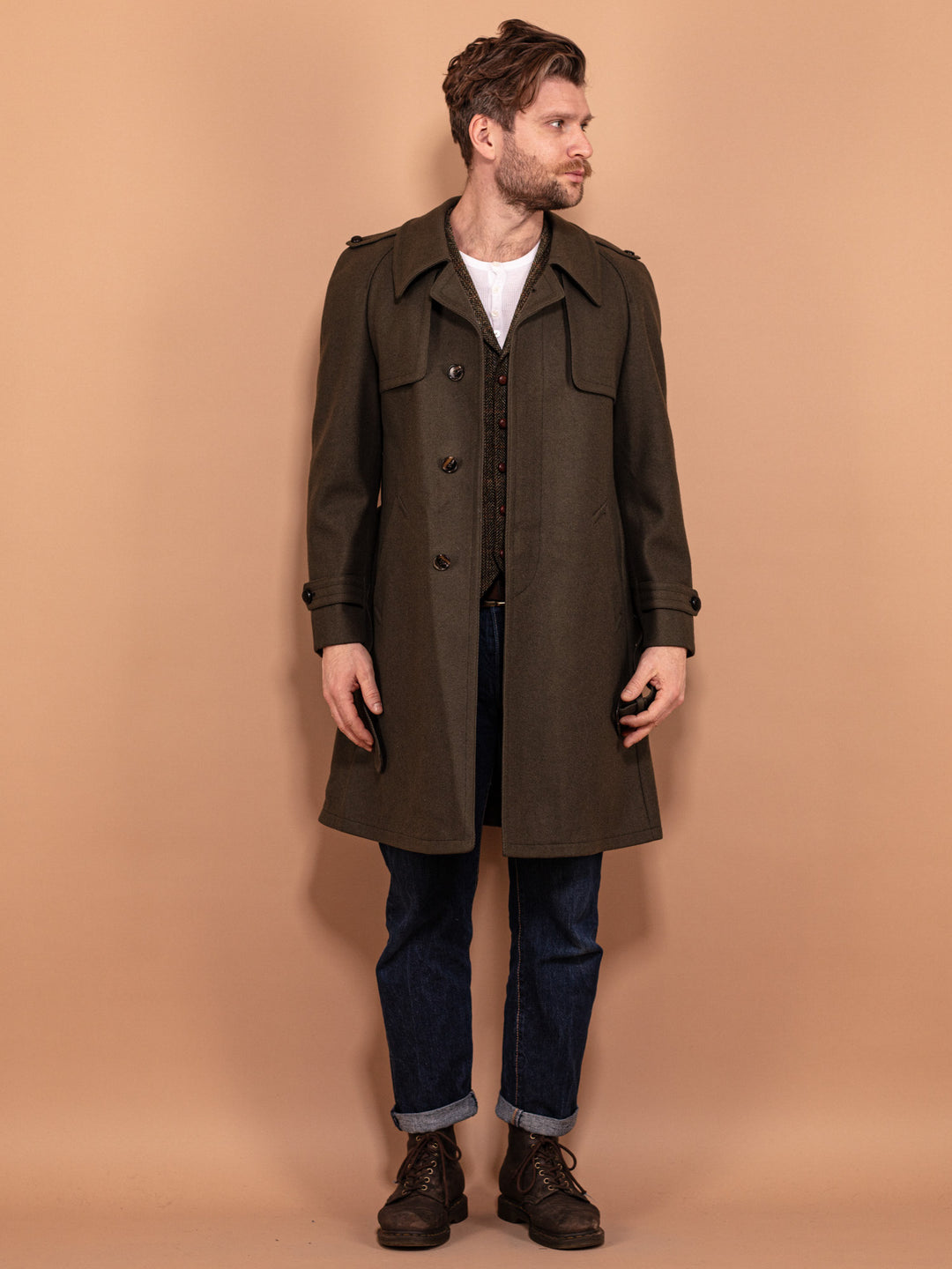 Vintage 70's Men Belted Wool Coat in Green - NorthernGrip