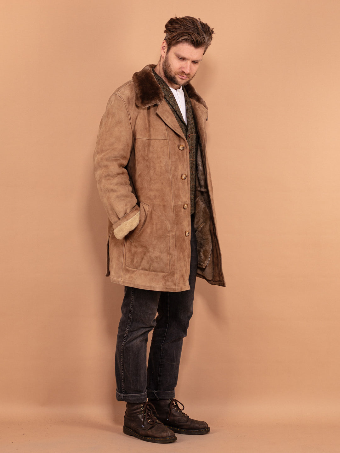 Vintage 70's Men Sheepskin Suede Coat in Beige - NorthernGrip