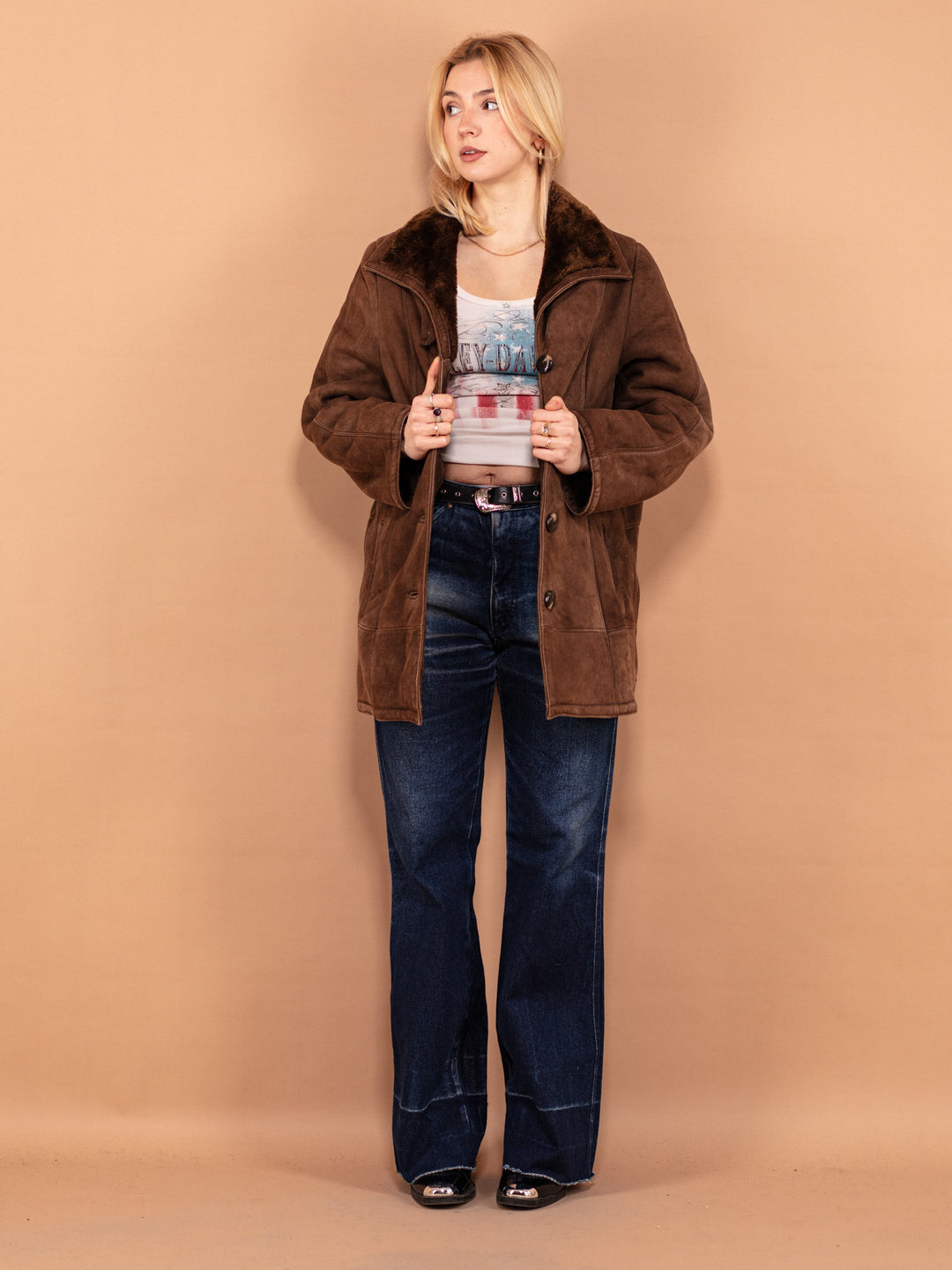Vintage 70's Women Sheepskin Suede Coat in Brown - NorthernGrip