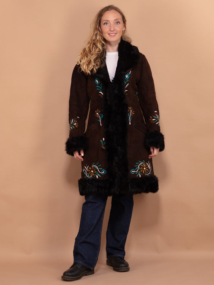 Vintage 70's Women Embroidered Penny Lane Sheepskin Coat in Brown - NorthernGrip