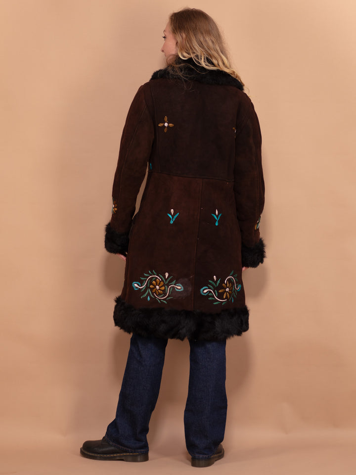 Vintage 70's Women Embroidered Penny Lane Sheepskin Coat in Brown - NorthernGrip