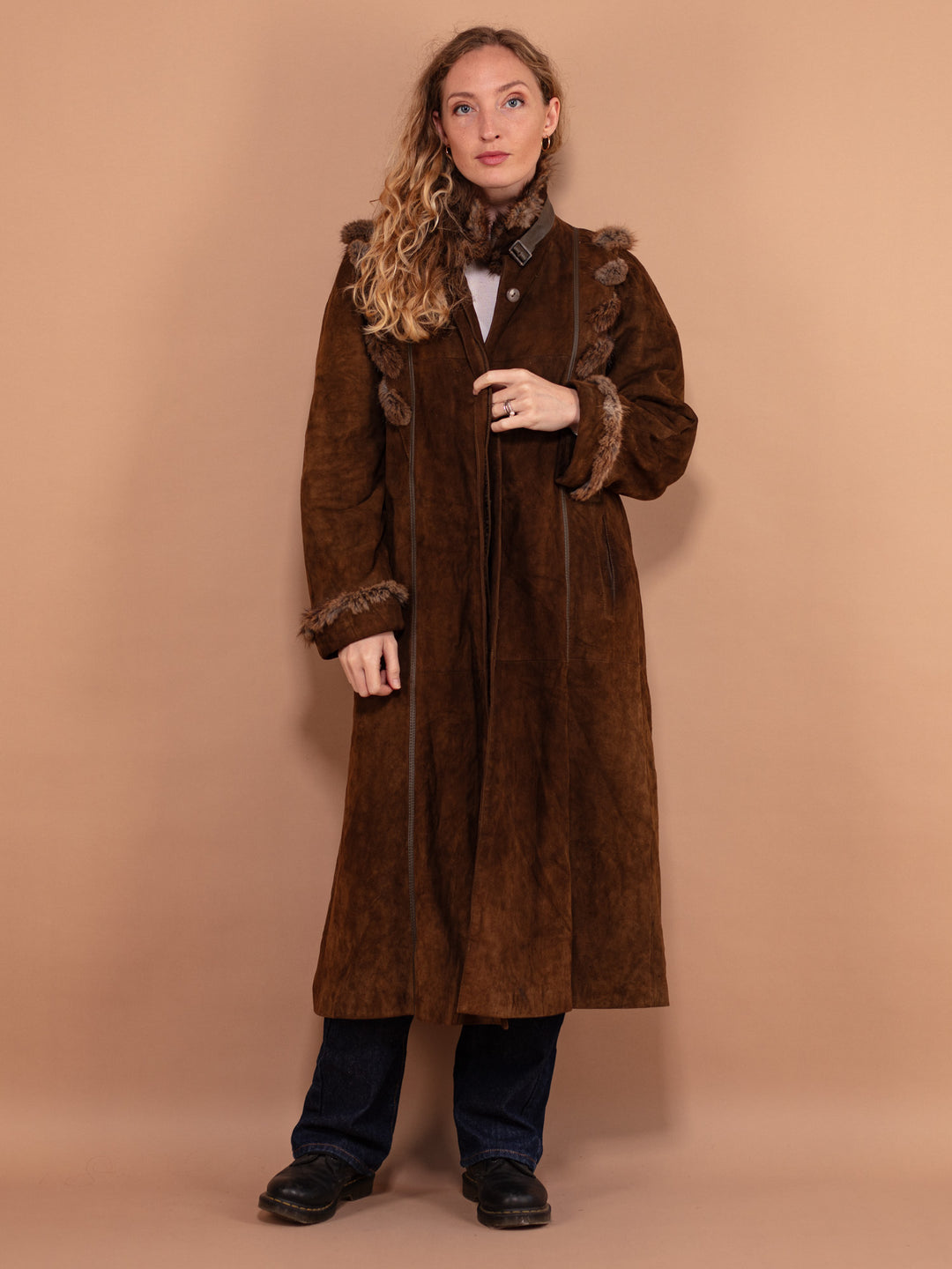 Vintage 70's Women Fur Trim Suede Coat in Brown - NorthernGrip