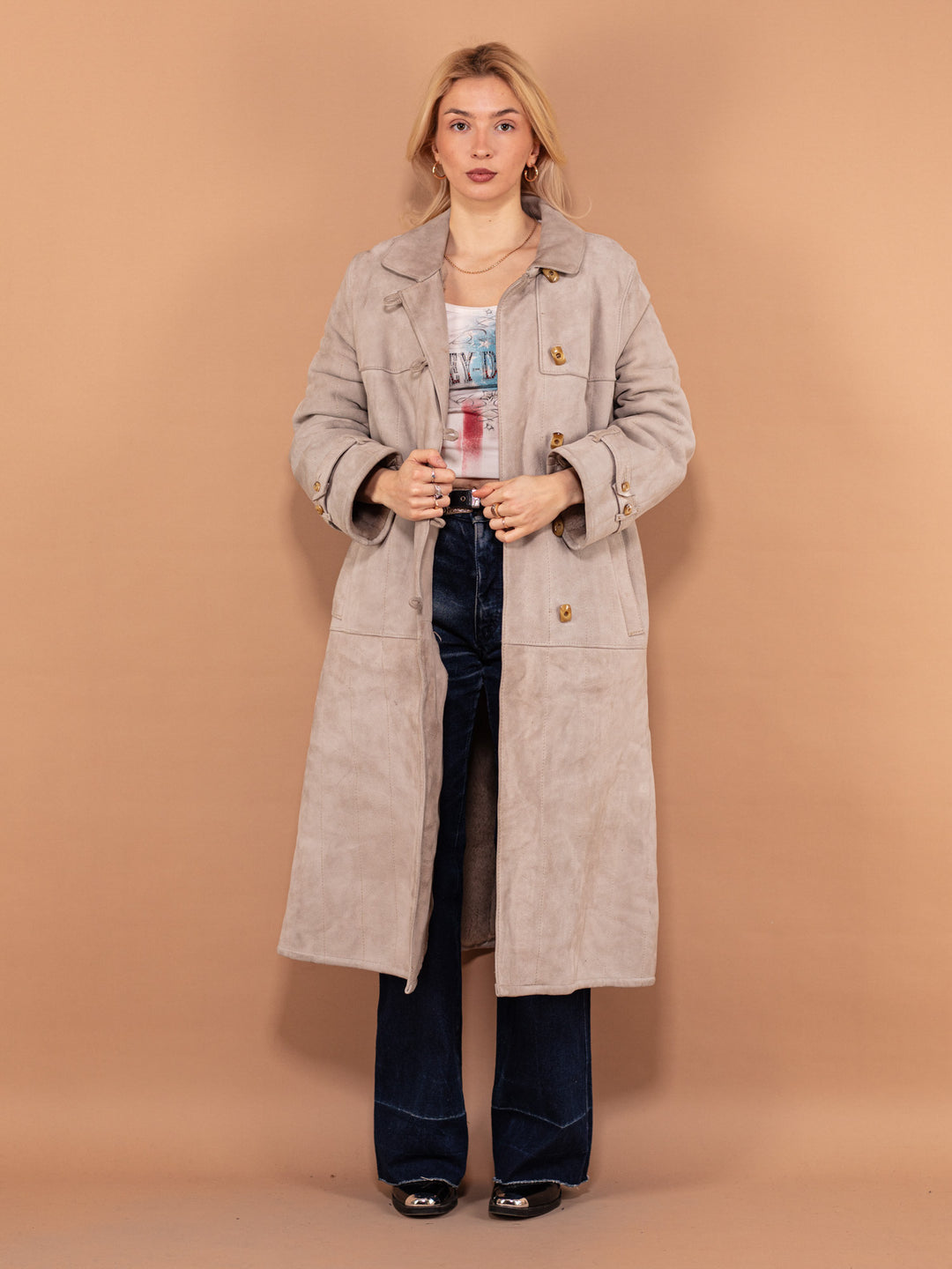 Vintage 70's Women Sheepskin Suede Coat in Grey - NorthernGrip