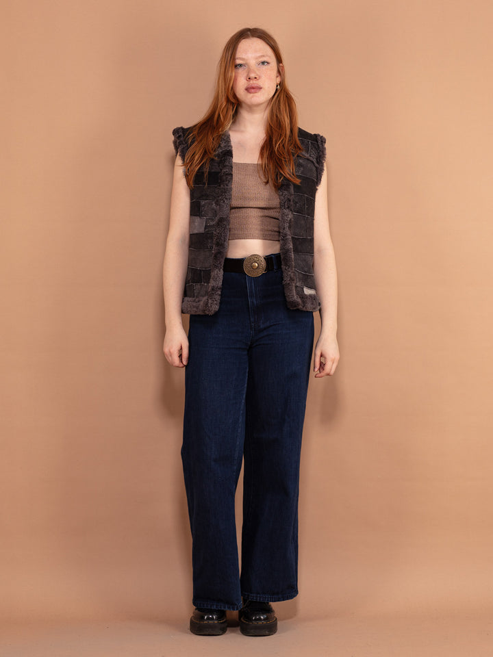Vintage 70's Women Patchwork Sheepskin Vest in Grey - NorthernGrip