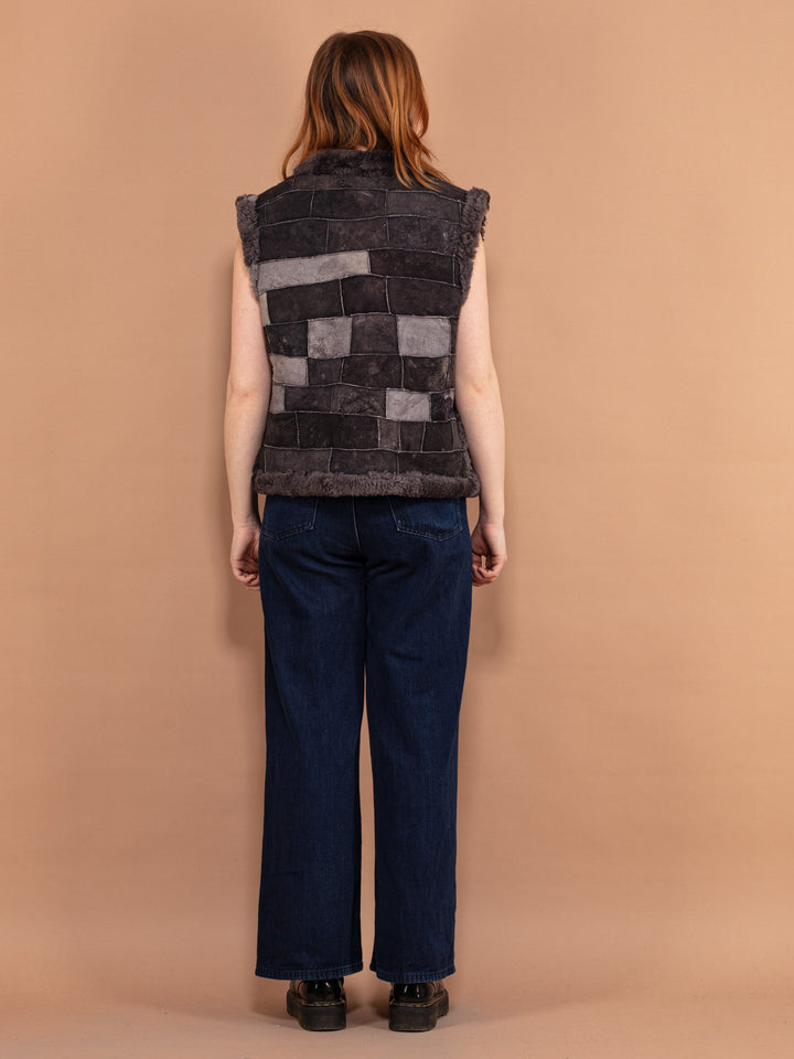 Vintage 70's Women Patchwork Sheepskin Vest in Grey - NorthernGrip