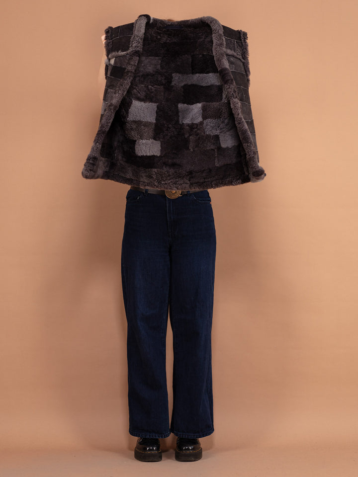 Vintage 70's Women Patchwork Sheepskin Vest in Grey - NorthernGrip