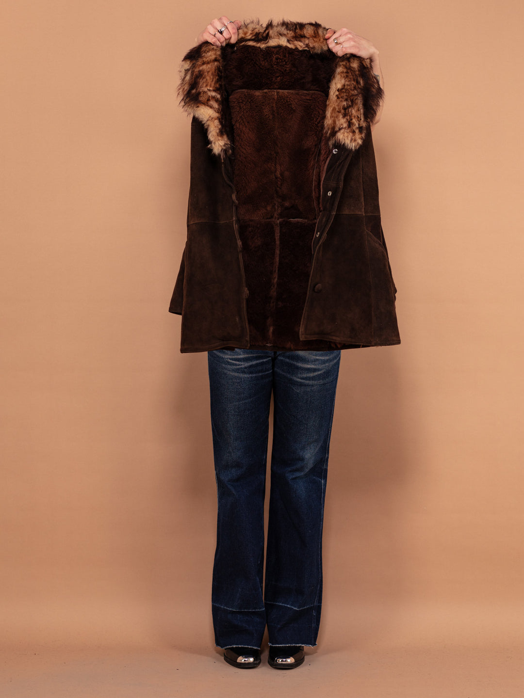 Vintage 70's Women Fur Collar Sheepskin Coat in Brown - NorthernGrip