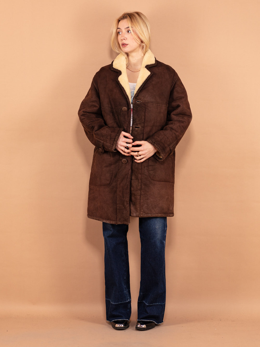 Vintage 70's Women Western Sheepskin Suede Coat in Brown - NorthernGrip