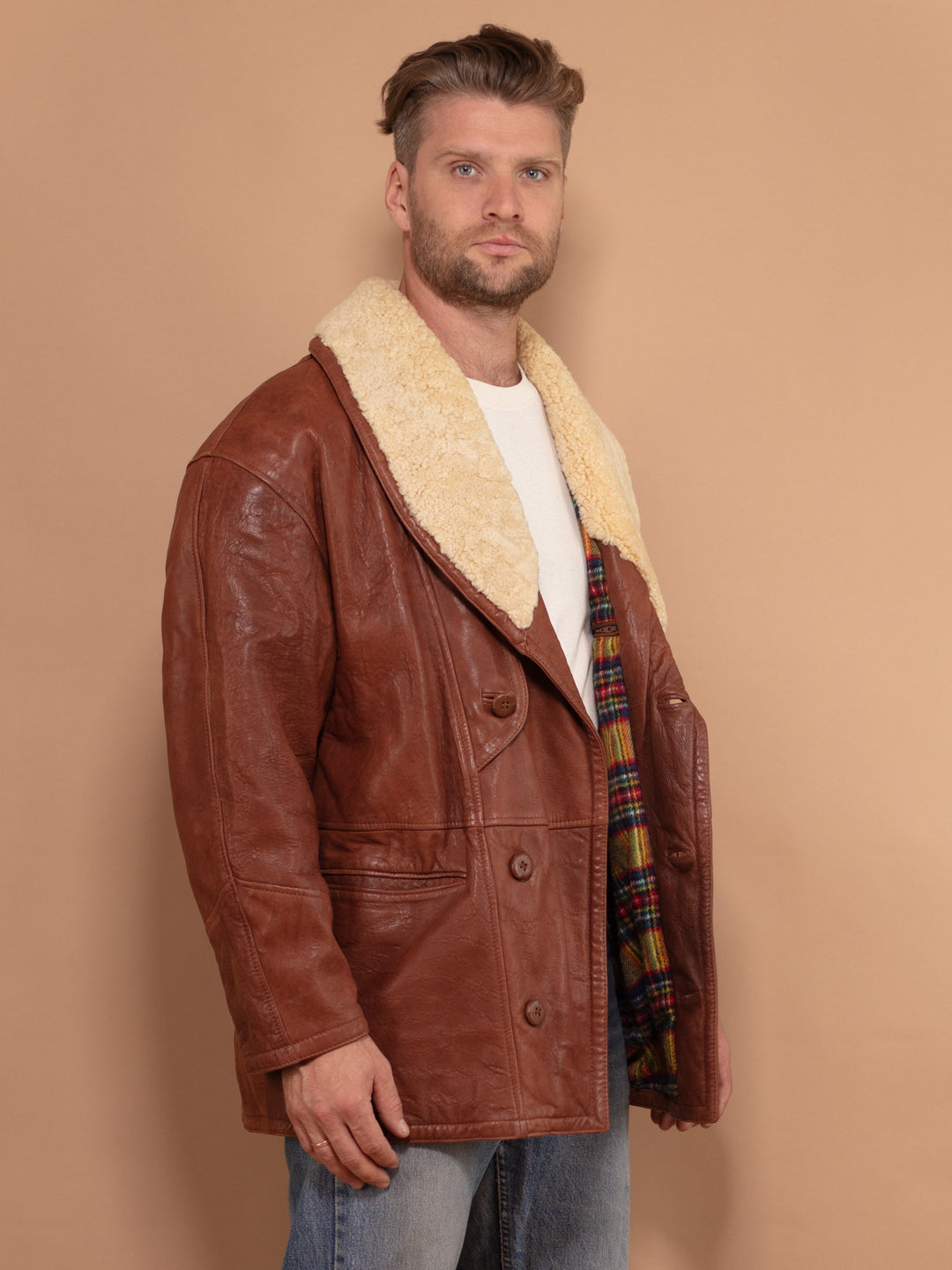 Vintage 80's Men Wool Collar Leather Coat in Brown - NorthernGrip
