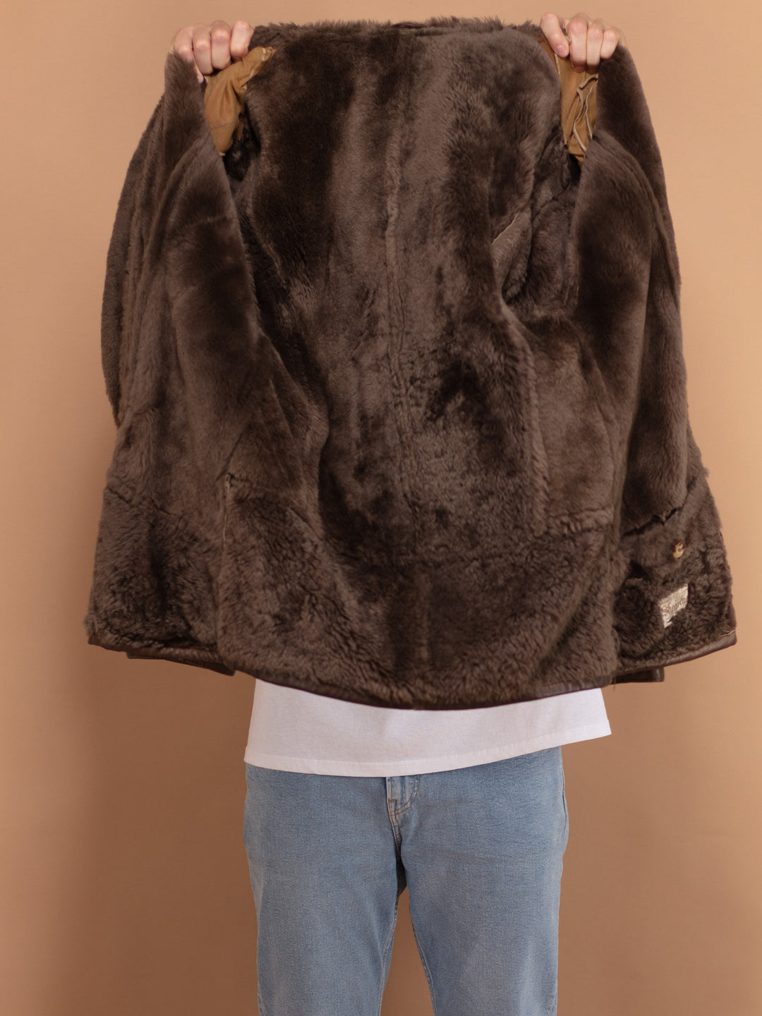 Vintage 80's Men Sheepskin Leather Coat in Brown - NorthernGrip