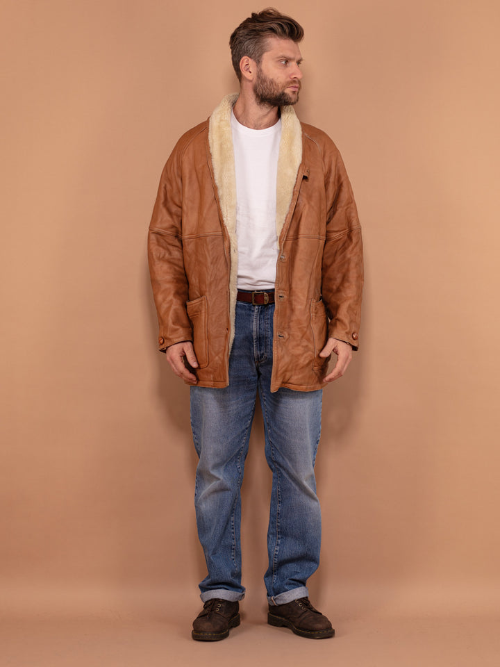 Vintage 80's Men Sheepskin Leather Coat in Brown - NorthernGrip