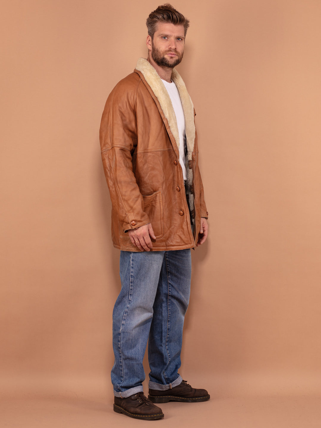 Vintage 80's Men Sheepskin Leather Coat in Brown - NorthernGrip