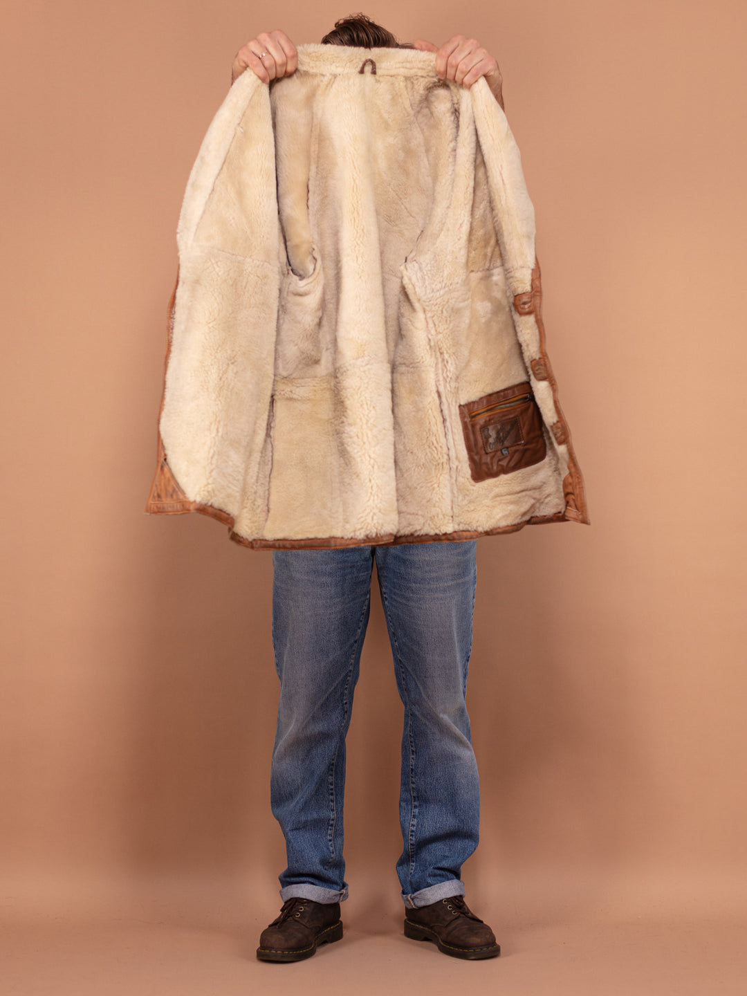 Vintage 80's Men Sheepskin Leather Coat in Brown - NorthernGrip