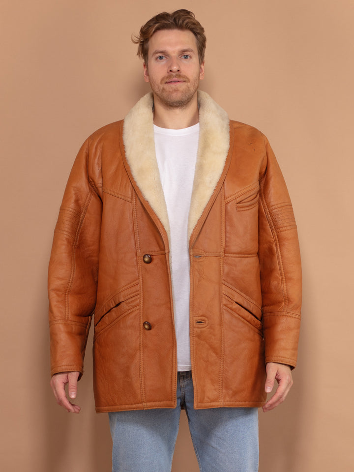 Vintage 80's Men Sheepskin Leather Coat in Brown - NorthernGrip