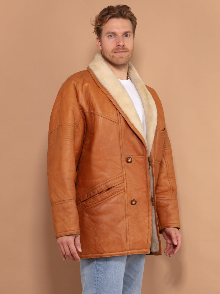 Vintage 80's Men Sheepskin Leather Coat in Brown - NorthernGrip
