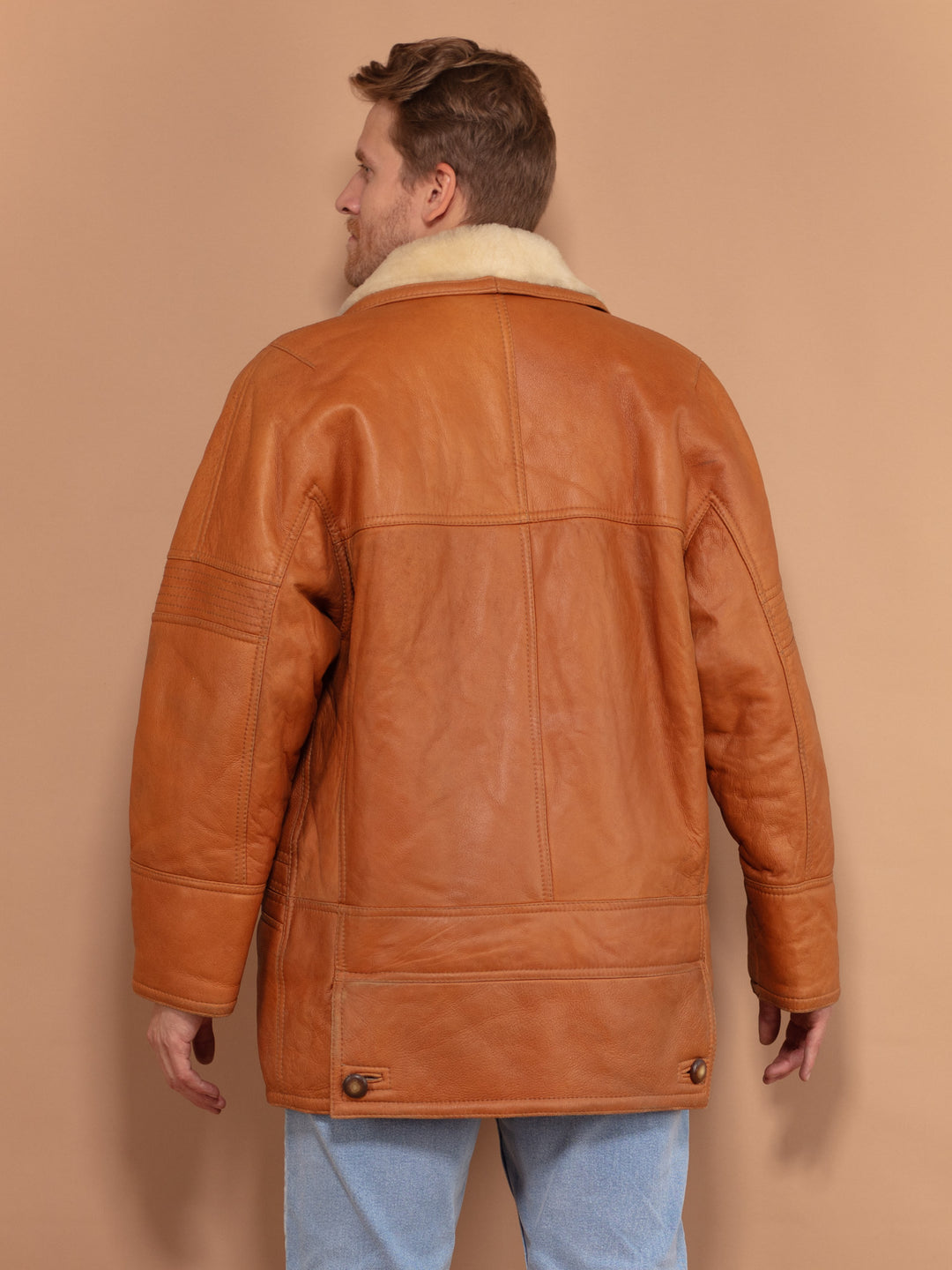 Vintage 80's Men Sheepskin Leather Coat in Brown - NorthernGrip