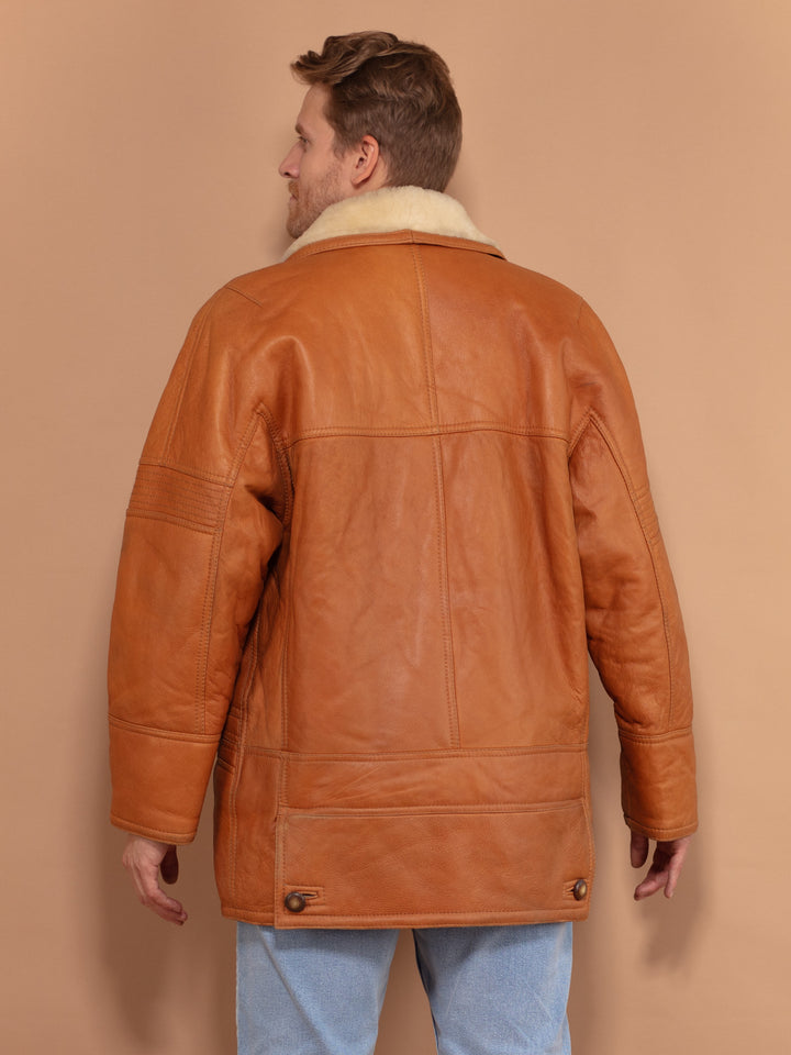 Vintage 80's Men Sheepskin Leather Coat in Brown - NorthernGrip