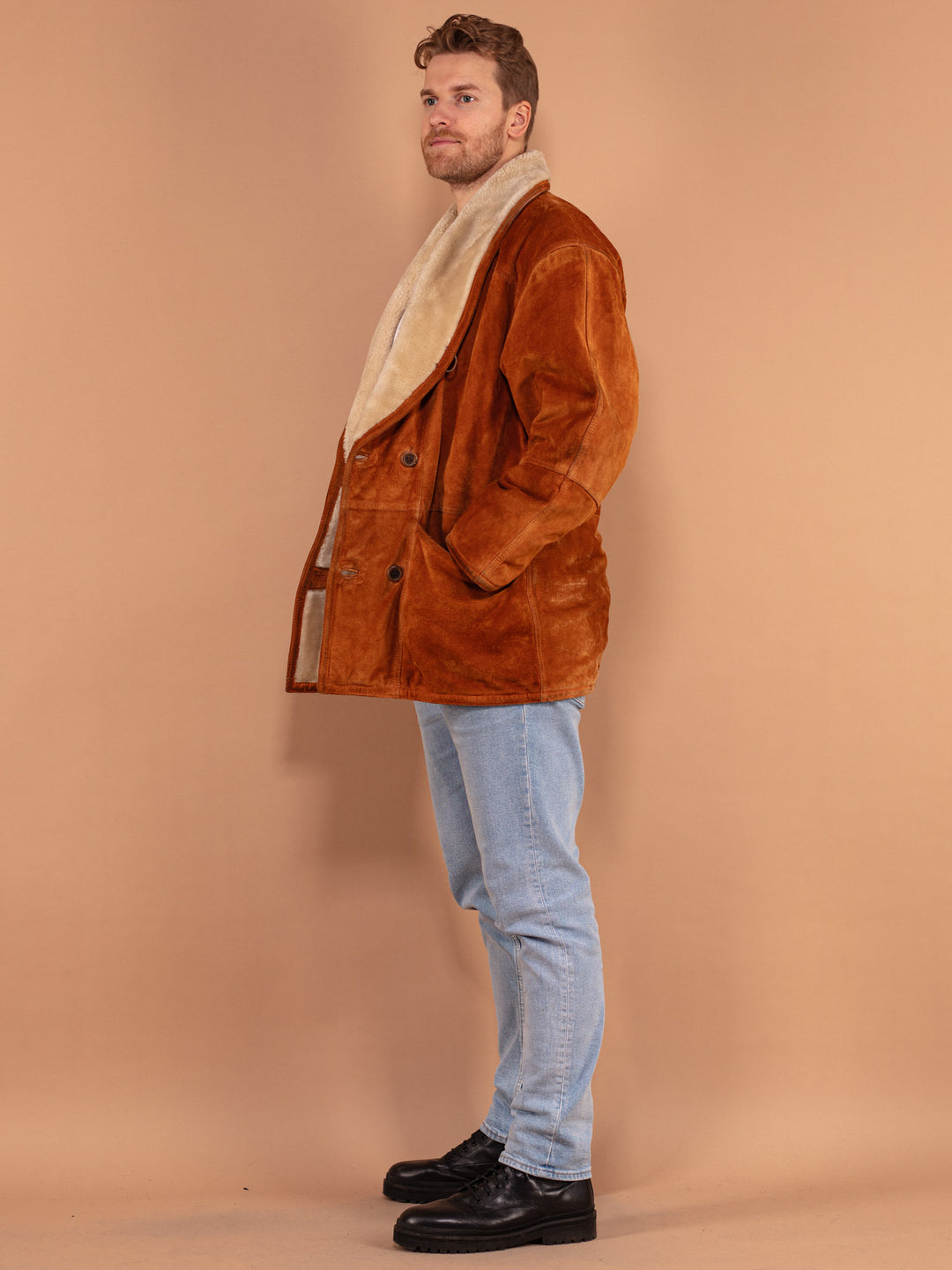Vintage 80's Men Suede Sherpa Coat in Caramel Brown - NorthernGrip