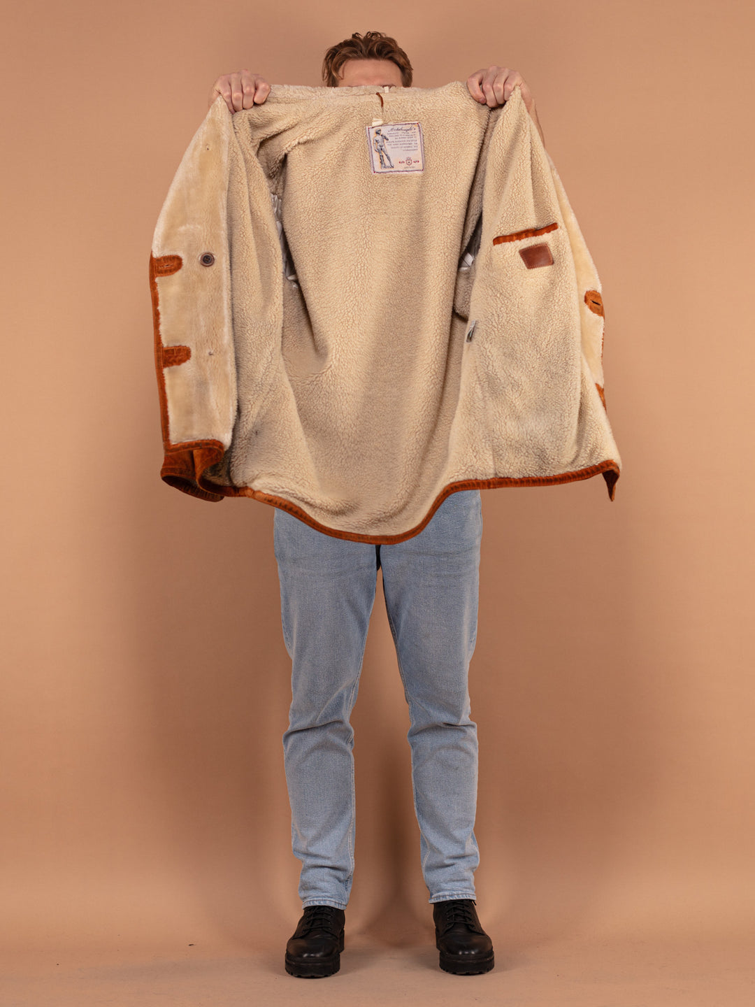 Vintage 80's Men Suede Sherpa Coat in Caramel Brown - NorthernGrip