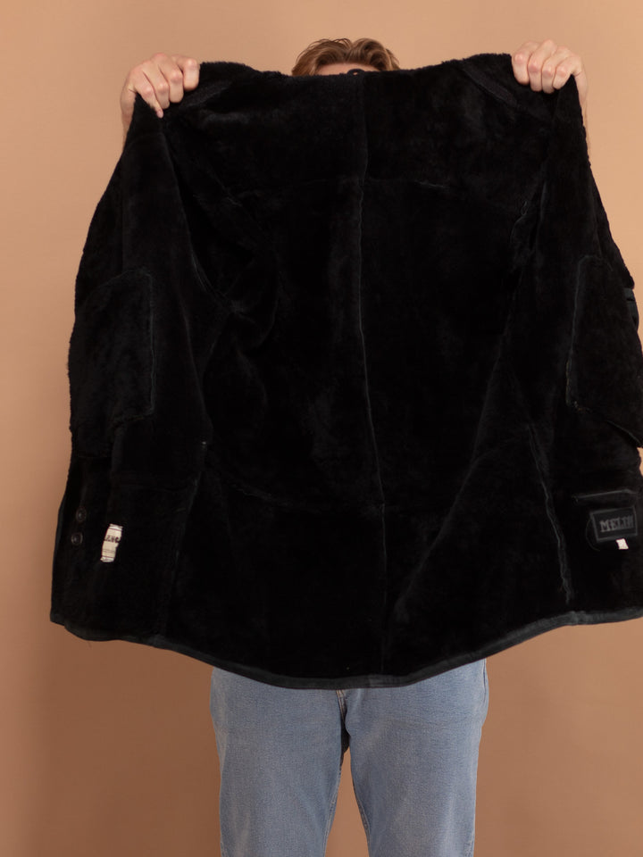 Vintage 80's Men Shearling Coat in Black - NorthernGrip