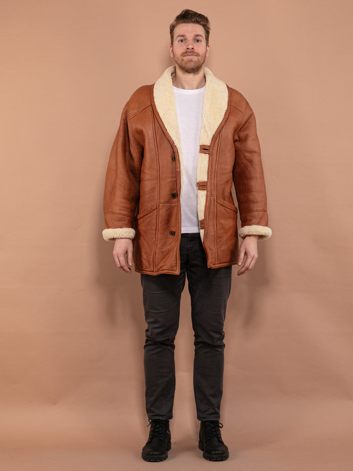 Vintage 80's Men Shearling Leather Coat in Brown - NorthernGrip