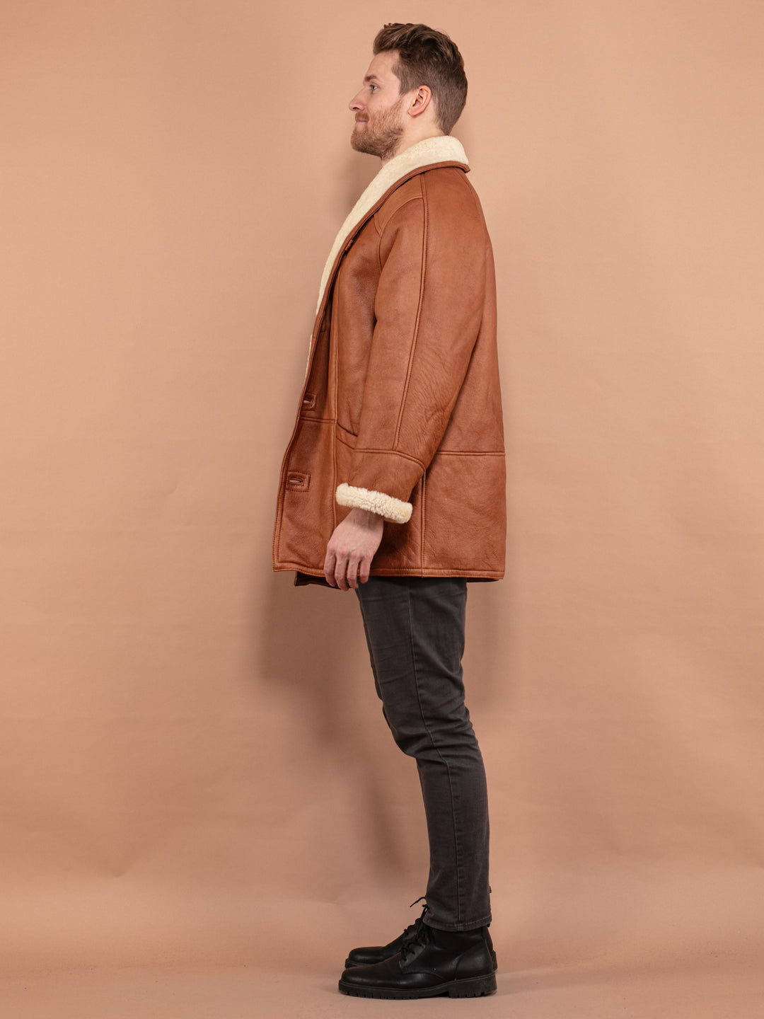 Vintage 80's Men Shearling Leather Coat in Brown - NorthernGrip