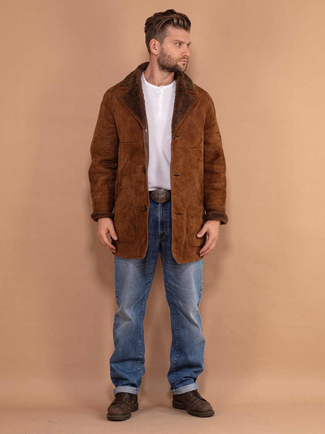 Vintage 80's Men Shearling Suede Coat in Brown - NorthernGrip