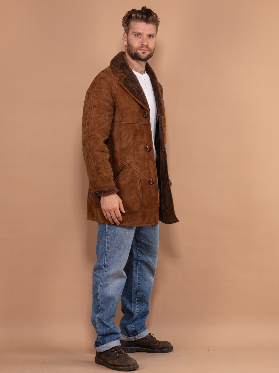 Vintage 80's Men Shearling Suede Coat in Brown - NorthernGrip