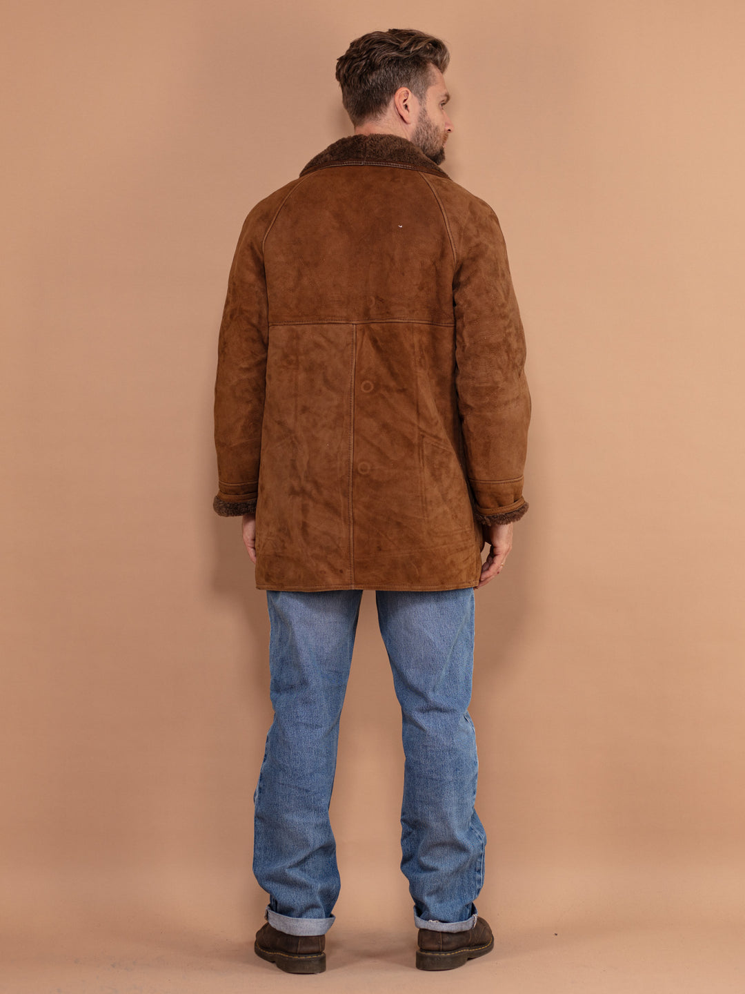 Vintage 80's Men Shearling Suede Coat in Brown - NorthernGrip